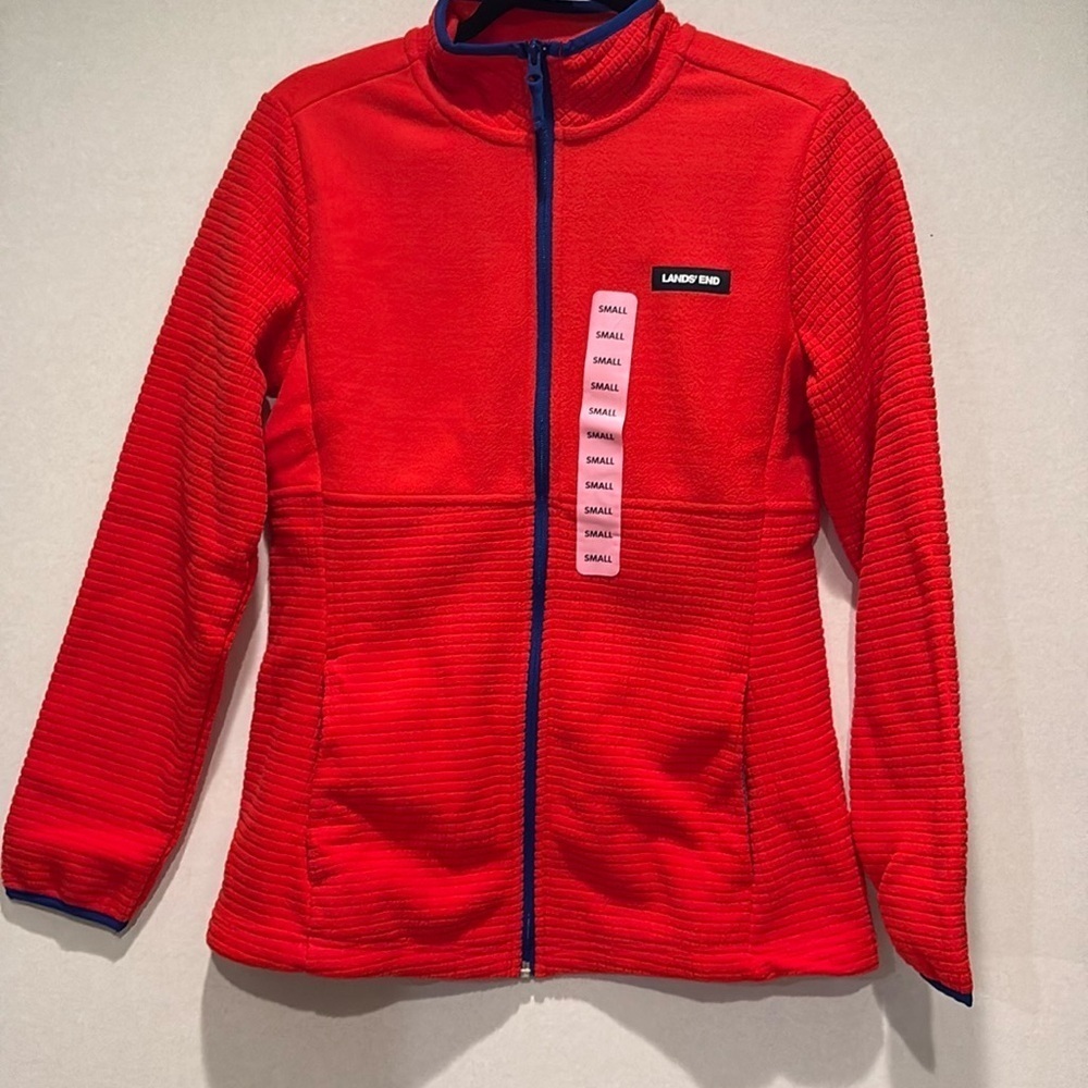 Lands' End - ladies grid Fleece Zip Up Jacket. Size Small. NWT. Orange - Picture 3 of 16